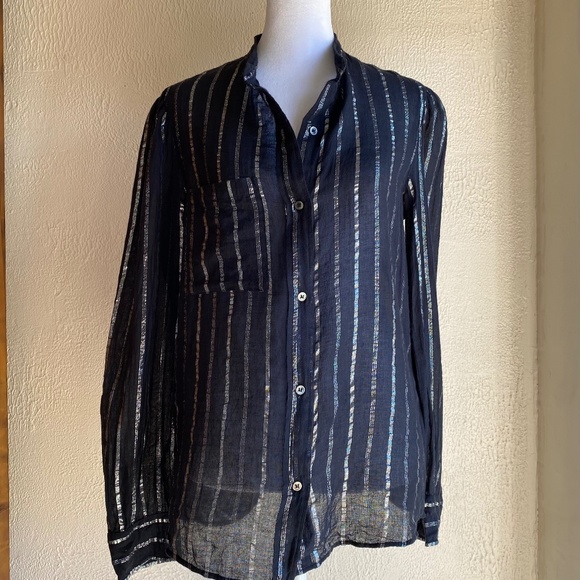 Isabel Marant Etoile Samson black and silver striped button front top Size 40 - Picture 2 of 11